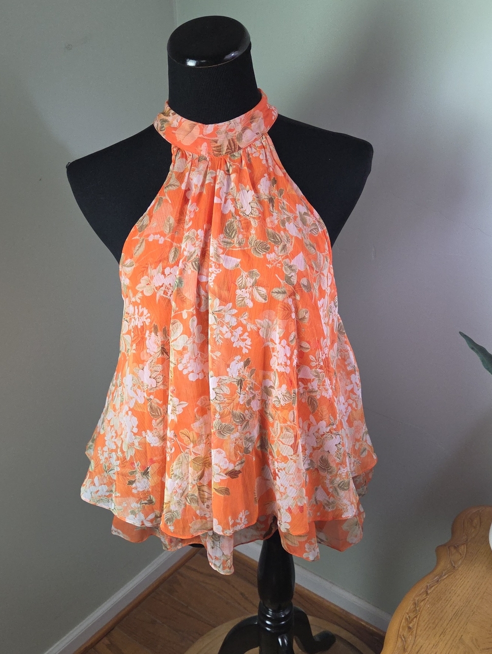 Orange Floral High Neck Summer Tank Top